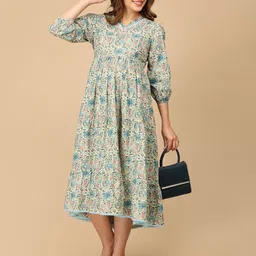 The Mom Store Women Floral Print Puff Sleeve Maternity A-Line Midi Dress-image-72