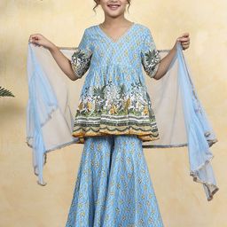Biba Girls Ethnic Motifs Embroidered Regular Pure Cotton Kurti with Sharara & With Dupatta-picture-27