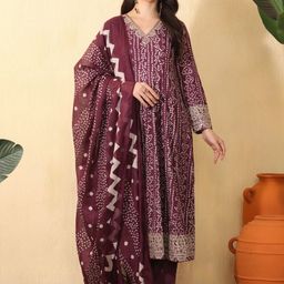 Sangria Women Bandhani Printed Regular Thread Work Pure Cotton Kurta with Trousers & With Dupatta-picture-14