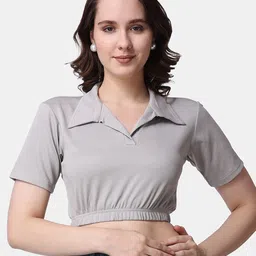 Popwings Solid Ribbed Shirt Collar Fitted Crop Top-image-71