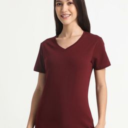 R&B Women Solid V-Neck Cotton T-shirt-picture-34