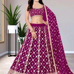 F Plus Fashion Girls Wine Embroidered Semi-Stitched Lehenga Choli With Dupatta-image-14