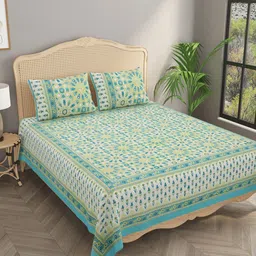 Gulaab Jaipur White & Blue Floral 400 TC King Bedsheet with 2 Pillow Covers-60