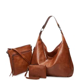 SYGA Set Of 3 Textured Leather Oversized Shopper Hobo Bag And Sling Bag With Clutch-image-20
