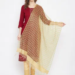 Clora Creation Women Beige Checked with Sequinned Organza Dupatta-33