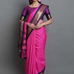 KALINI Pink & Navy Blue Checked Zari Saree-image-69