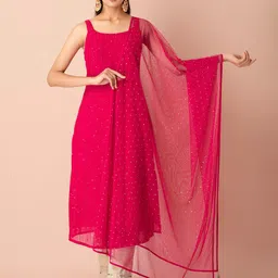 INDYA Pink & Gold-Toned Foil Tasselled Dupatta-17