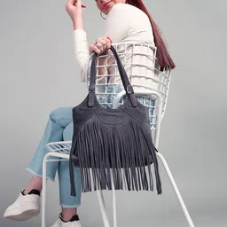 Sassora Textured Leather Structured Shoulder Bag With Fringed-13