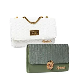 BANDICOOT Women Set of 2 White & Green Textured PU Structured Sling Bag with Quilted-image-68