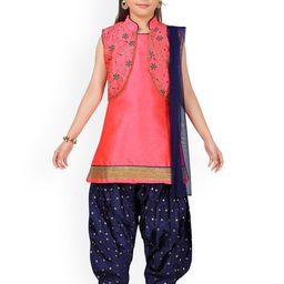Aarika Girls Red & Navy Blue Embroidered Kurta with Patiala & Dupatta-image-16