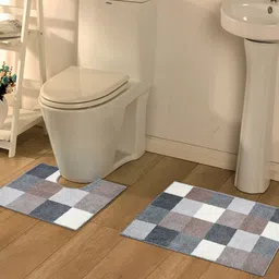 OBSESSIONS Grey & Brown Checked 1780 GSM Bona Bath Rug With Contour Rug-66