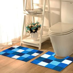 OBSESSIONS Blue & White Checked 1780 GSM Bona Bath Rug With Contour Mat-image-33