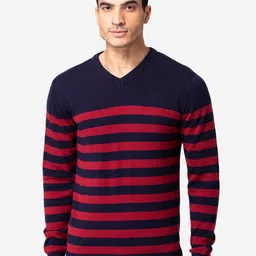 Allen Cooper Men Navy Blue & Maroon Striped Pullover-image-15