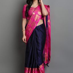 KALINI Navy Blue & Fuchsia Woven Design Zari Silk Cotton Saree-38