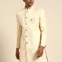 KISAH Ethnic Motifs Woven Design Mandarin Collar Sherwani-image-26