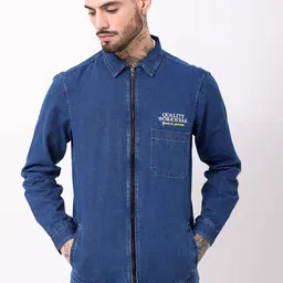 British Club Men Spread Collar Typography Printed Casual Denim Jacket-26