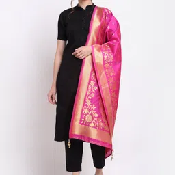 SOUNDARYA Pink & Gold-Toned Ethnic Motifs Woven Design Dupatta with Zari-25