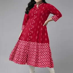 YASH GALLERY Plus Size Geometric Ikat Printed Cotton A-Line Kurta-20