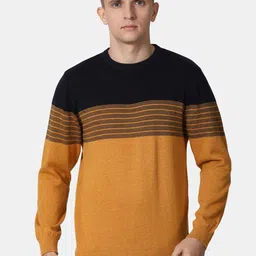 t-base Men Orange & Black Colourblocked Striped Pure Cotton Pullover-image-80