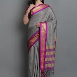 KALINI Grey & Purple Checked Zari Ikat Saree-image-49
