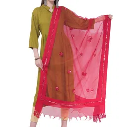 A R SILK DUPATTA HUB Floral Embroidered Mirror Work Organza Dupatta-picture-30