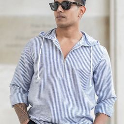 Powerlook Men Hood Vertical Striped Cotton Casual Shirt-image-43