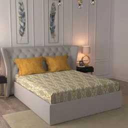 MYTRIDENT Mustard & Grey Floral 144 TC Queen Bedsheet with 2 Pillow Covers-87