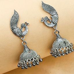 Saizen Silver-Plated Ghungroo Beaded Oxidised Peacock Shaped Jhumkas-image-58