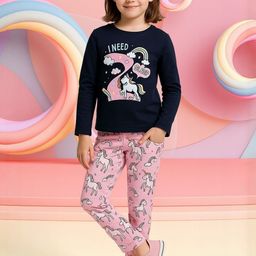 YK Girls Navy Blue & Pink Unicorn Printed Round Neck Cotton T-Shirt & Pyjama Night Suit-picture-39