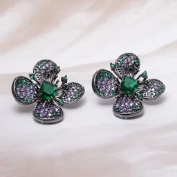 Rubans Rhodium-Plated Emerald & Lavender Cubic Zirconia Studded Black-Tone Floral Studs-3