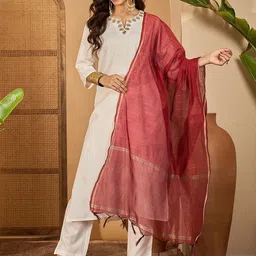 Sangria Thread Work Notch Neck Kurta With Trousers Dupatta-image-24