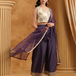 Span Floral Printed Zardozi Pure Silk V-Neck Top With Palazzos And Dupatta image 4