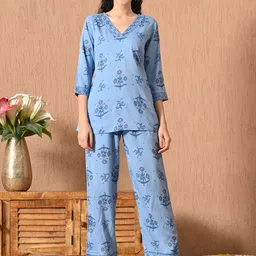 Dipani Floral Printed Pure Cotton V-Neck Top With Trousers Co-Ords-picture-7