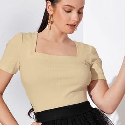 Sugathari Women Ribbed Square Neck Fitted Top-image-46