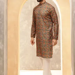 SOJANYA Ethnic Motifs Printed Band Collar Kalamkari Cotton Linen Straight Kurta-image-44
