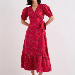 Styli Women Floral Printed Puff Sleeve Midi Wrap Dress-picture-20