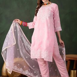MANVAA Floral Embroidered Round Neck kurta With Trousers And Dupatta-picture-32