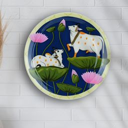 Maison Modern Green & Blue Pichwai Cow Printed Iron Round Wall Plate-image-3