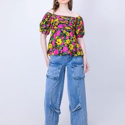 MONOMEE Floral Print Puff Sleeve Crepe Peplum Top-picture-30