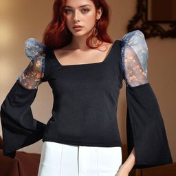ZEUGEN Women Square Neck Slit Sleeves Fitted Top-image-79