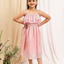 NEUDIS Girls Striped Ruffled Layered A-Line Midi Dress with Adjustable Straps-image-72