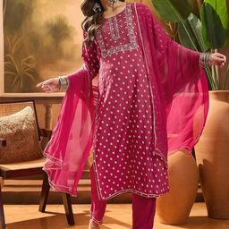 Sangria Bandhej Printed & Embroidered Straight Kurta Trousers & Dupatta-picture-9