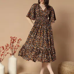 ZWERLON Women Animal Printed Flared Sleeve Fit and Flare Midi Dress-image-51