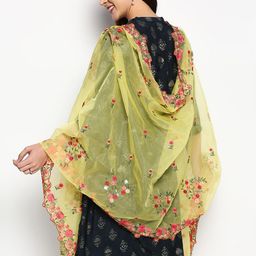 Dupatta Bazaar Yellow & Red Embroidered Organza Dupatta with Sequinned image 5