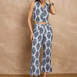 all about you Ethnic Motifs Printed V-Neck Sleeveless Pure Cotton Waistcoat With Trouser-55