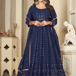 Warthy Ent Ethnic Motifs Embroidered Sequinned Georgette Semi-Stitched Dress Material-image-1
