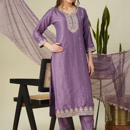 MOKOSH Women Embroidered Regular Sequinned Kurta with Trousers & With Dupatta image 5