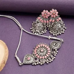 SUNHARI Silver-Plated Stone Studded & Beaded Oxidised Jewellery Set-17