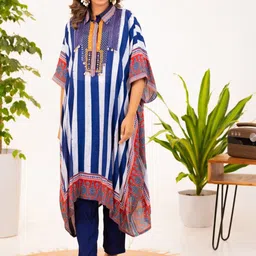 AUTUMN LANE Maurya Azure Premium Muslin Kaftan With Trousers Co-Ords-picture-34