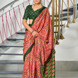 KALINI Geometric Block Printed 1-Minute Ready to Wear Mulmul Cotton Saree With Blouse-3